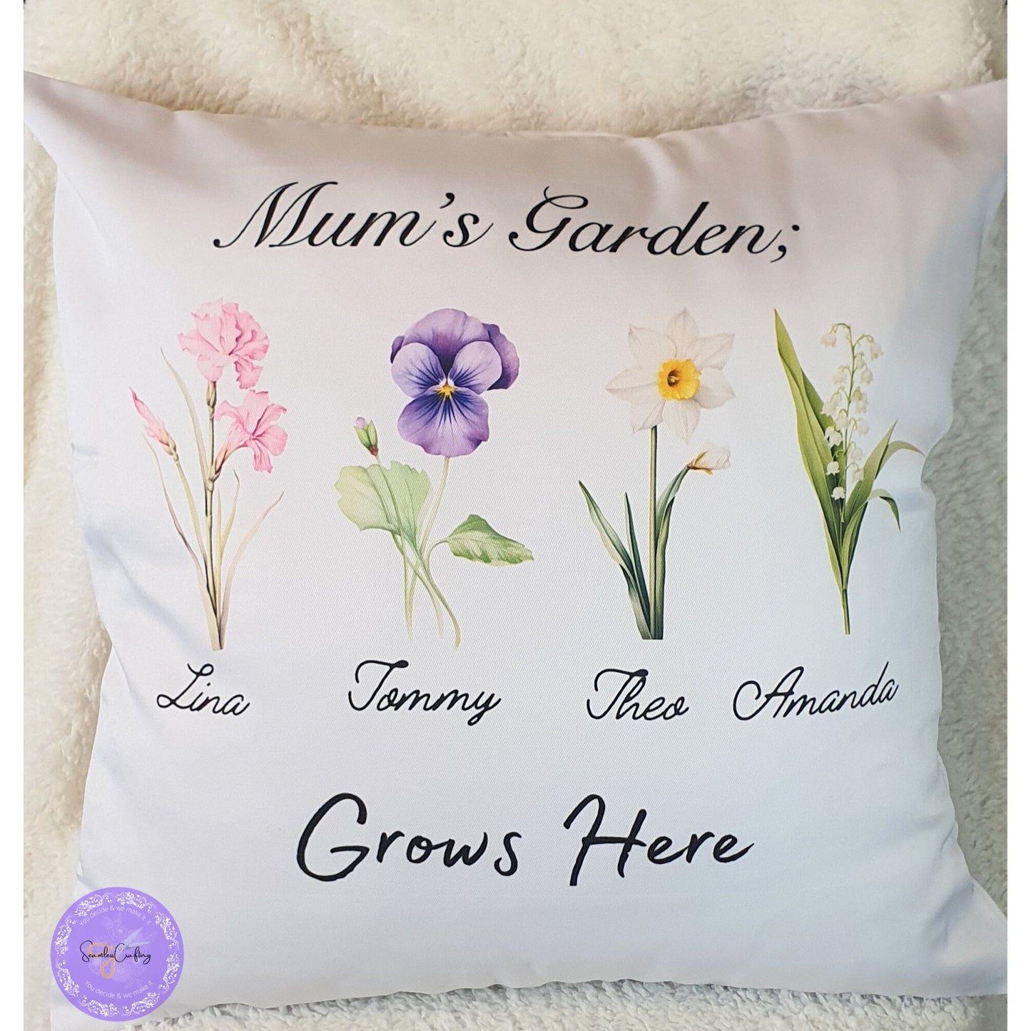 Personalised Mum's Grandma's Garden pillow, Flower name cushion, custom familly name,  Cushion cover birth flower, Mother's Day gift
