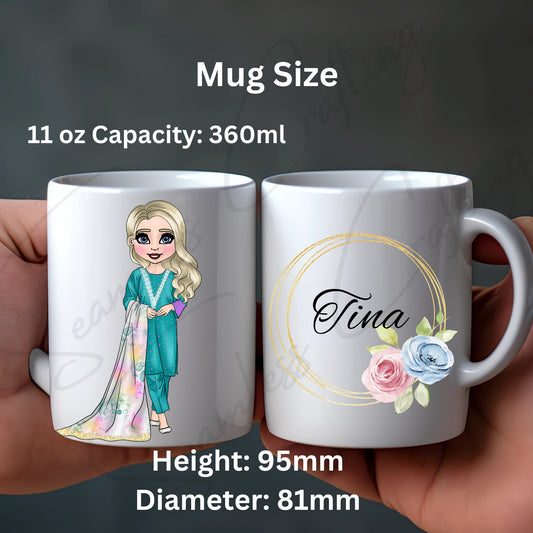 Personalised Eid Gift,  Woman hijab, Name in Arabic, Islamic, Mug, Mug Gift For Her,  Name Mug, Salwar kameez hijab woman character