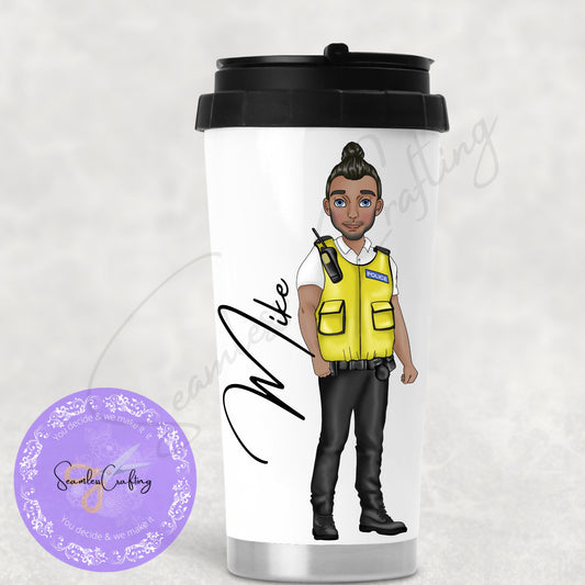 Personalised Male police officer travel mug, Policeman gifts, New PCSO, Copper coffee cup, Build your character, Travel Thermos mug