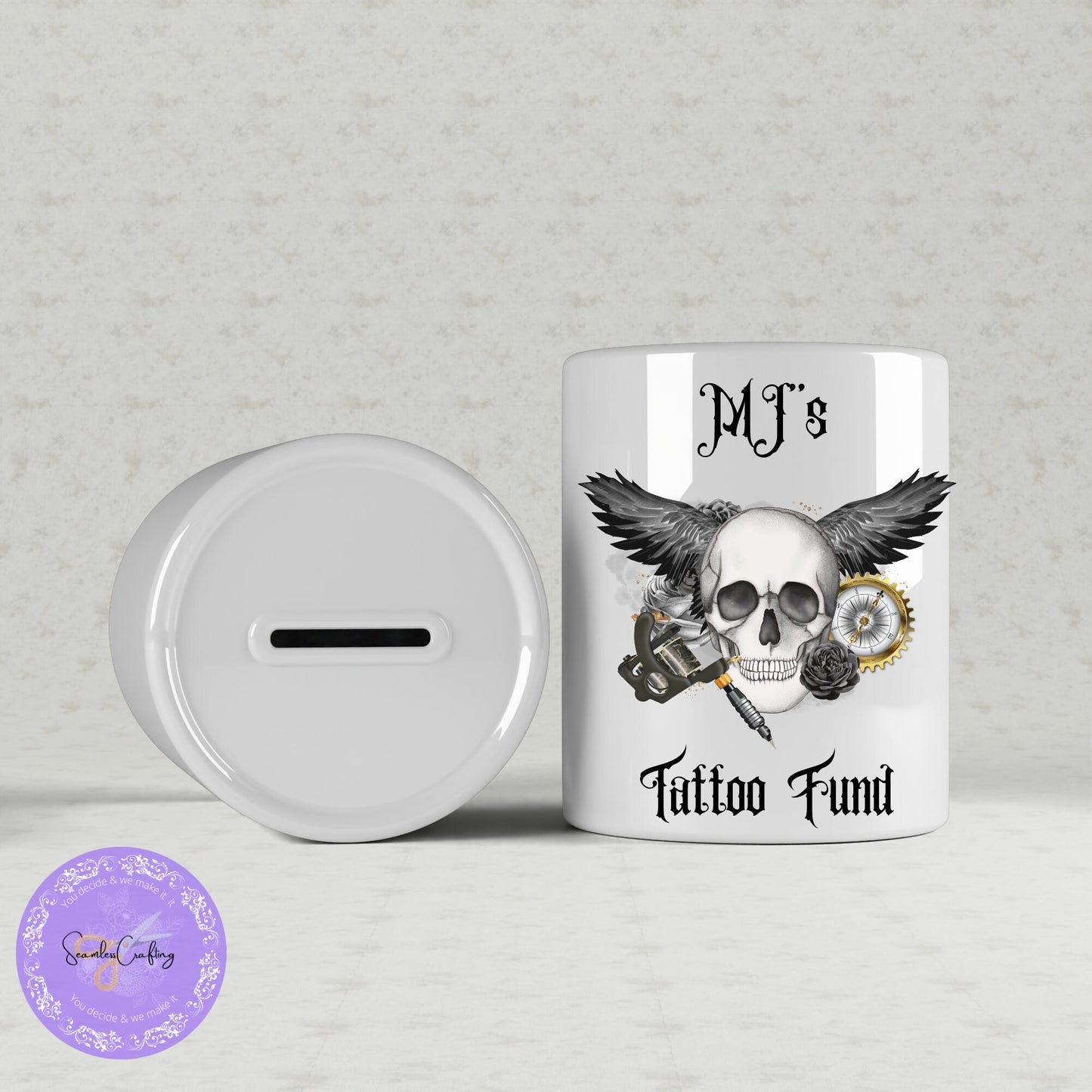 Personalised Tattoo Skull Ceramic Money Box, Tattoo Fund Jar, Tattoo Addict Lover Piggy bank, Gift for her, him, Customised Saving pot