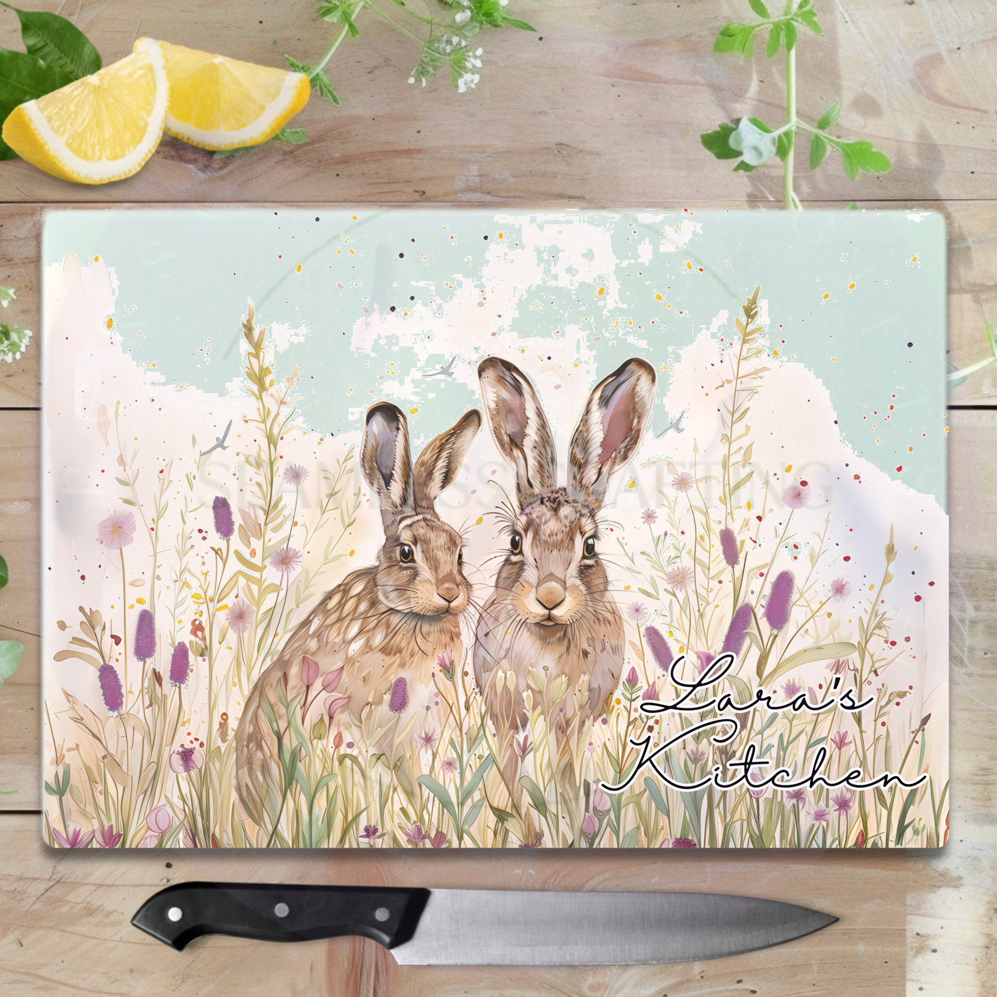Custom glass chopping board with hare illustration, personalised worktop saver for kitchen use