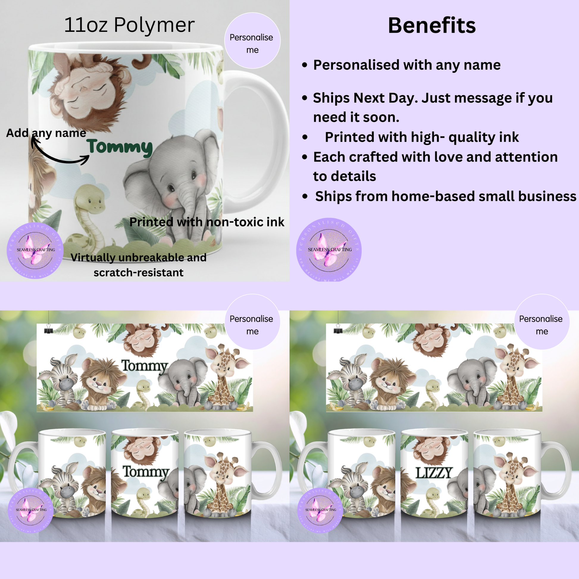 Mugs with animal designs and personalized text, displayed with product details on a light purple background.
