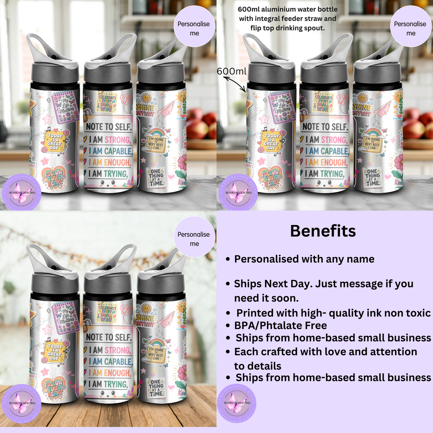 Personalised Kids Daily Affirmations Water Bottle 600ml Aluminium BPA-Free with Straw