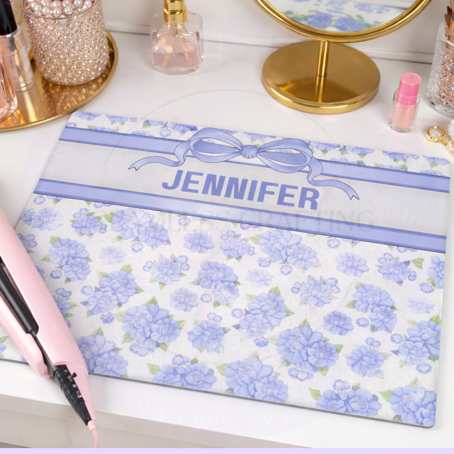 Personalised Glass Heat Protection Mat – Blue Floral Straightener Mat, Custom Name Vanity Protector, Dressing Table Counter Saver