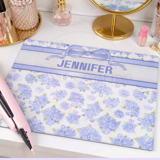 Personalised Glass Heat Protection Mat – Blue Floral Straightener Mat, Custom Name Vanity Protector, Dressing Table Counter Saver