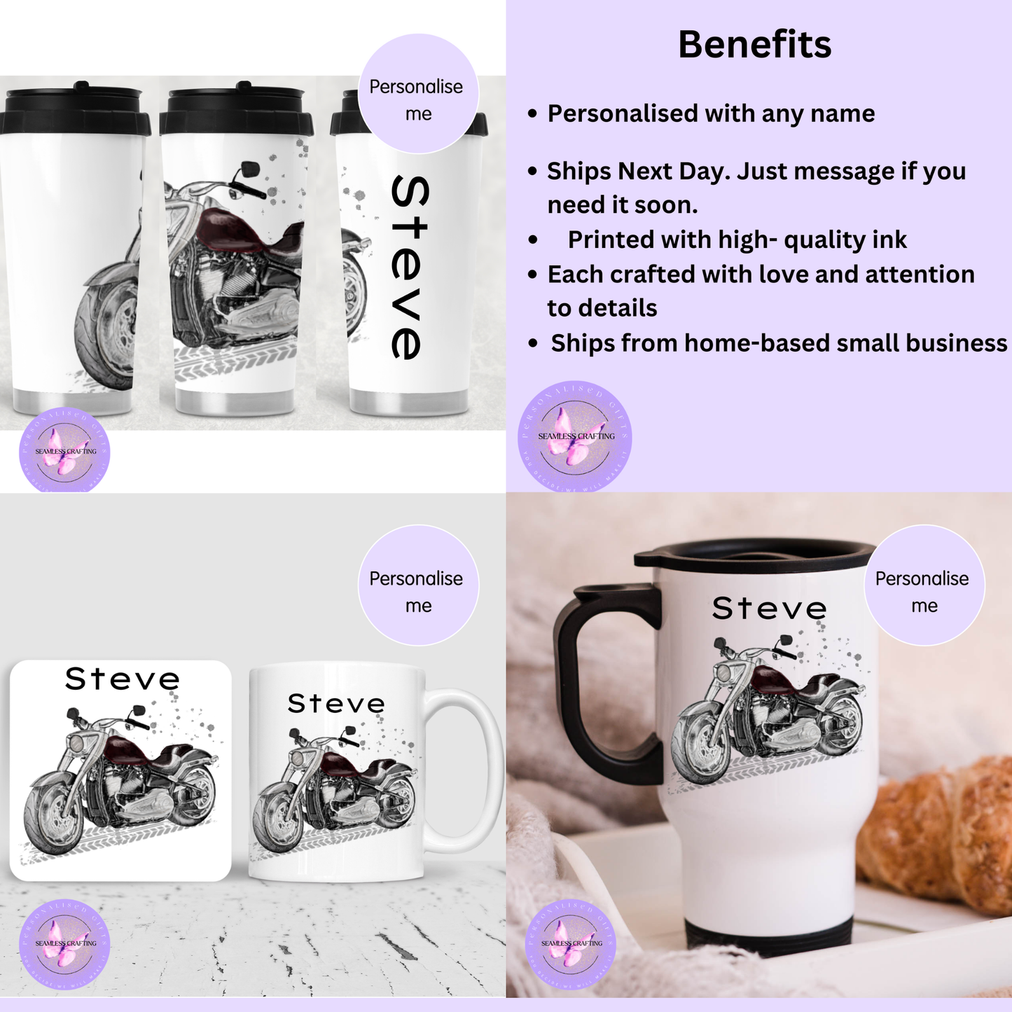 Personalised Motorbike Mug & Travel Mug – Custom Name Motorcycle Gift – 11oz Ceramic, 14oz Travel Mug or 16oz Thermal Tumbler