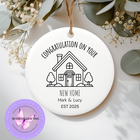 Personalised New Home Ornament – Custom Ceramic Housewarming Gift with Names & Year – First Home Keepsake Decoration