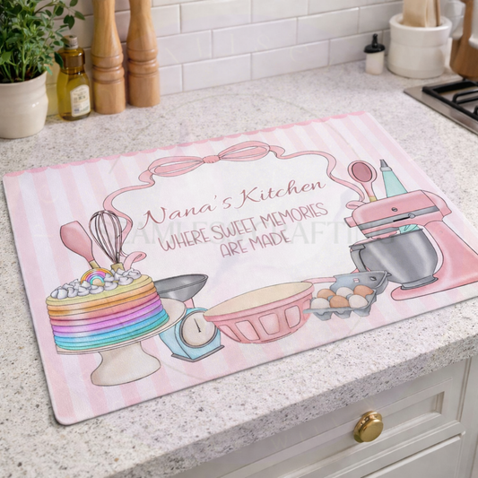 Personalised kitchen glass worktop saver with custom name Nana’s Kitchen baking design pink counter protector gift