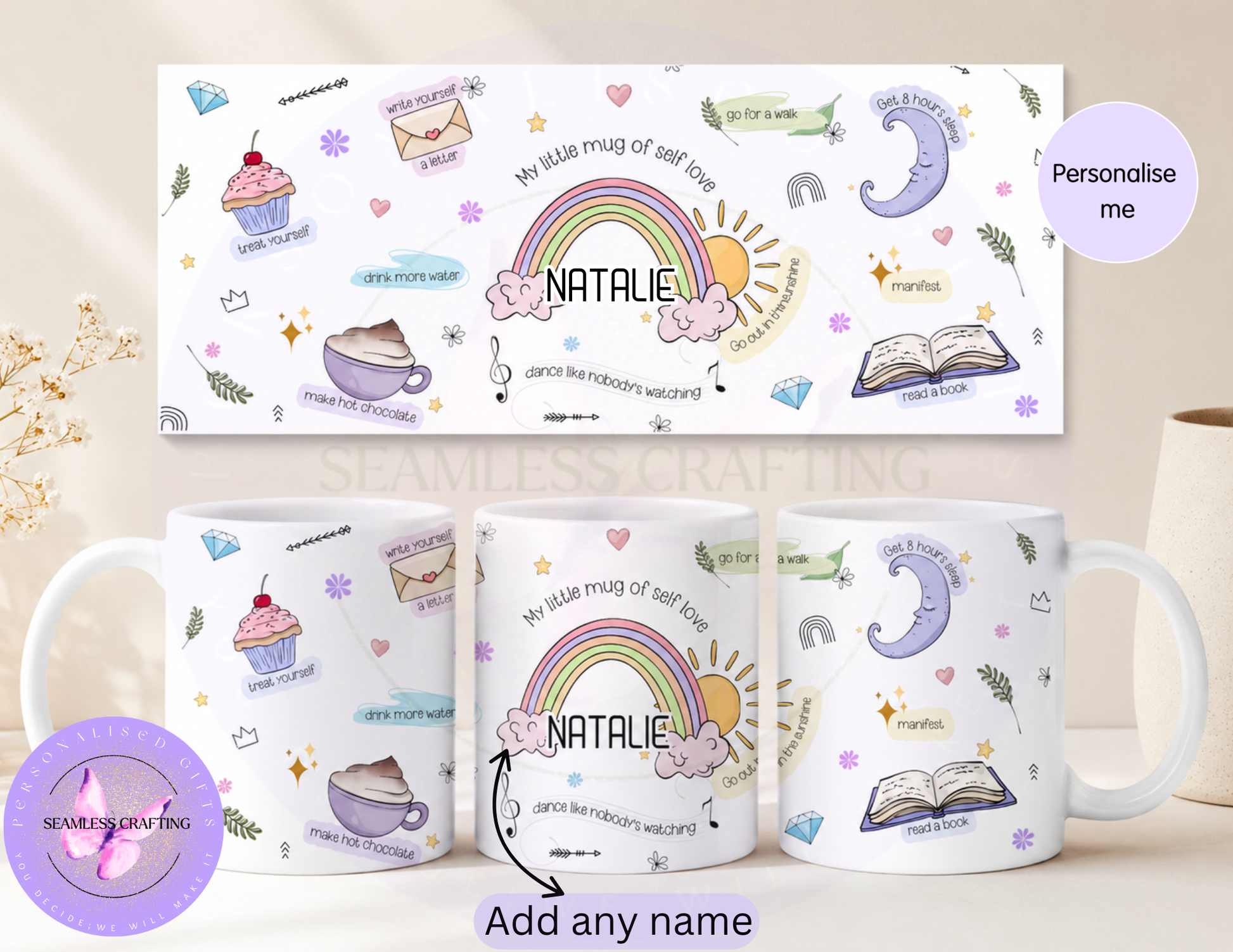 Personalised self love mug gift with custom name and pastel self care design shown as full wrap layout