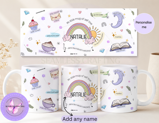 Personalised self love mug gift with custom name and pastel self care design shown as full wrap layout
