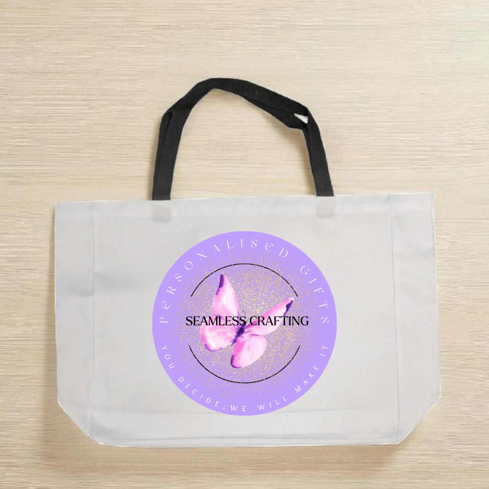 Personalised Premium Large Shopping Bag with Black Handles – 100% Polyester Canvas Tote | Custom Logo, Image or Text Print | Reusable Durable Market Bag