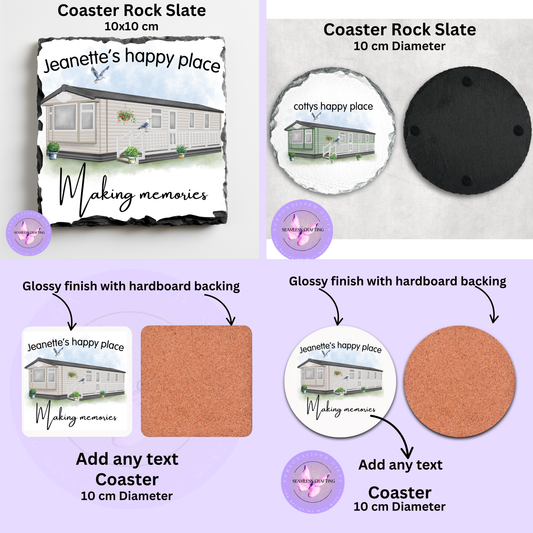 Personalised Static Caravan Coaster – Holiday Home Gift | Rock Slate or Glossy Finish | Custom Text | Caravan Lovers Gift