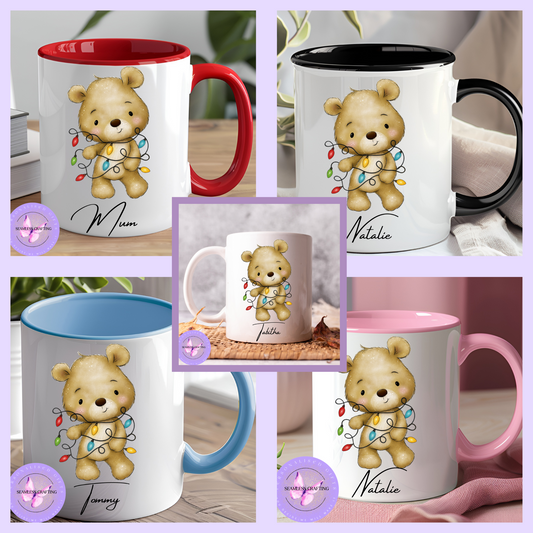 Personalised Christmas Mug – Teddy Bear Tangled with Christmas Lights – 11oz Ceramic Coffee Cup with Custom Name & 5 Colour Options