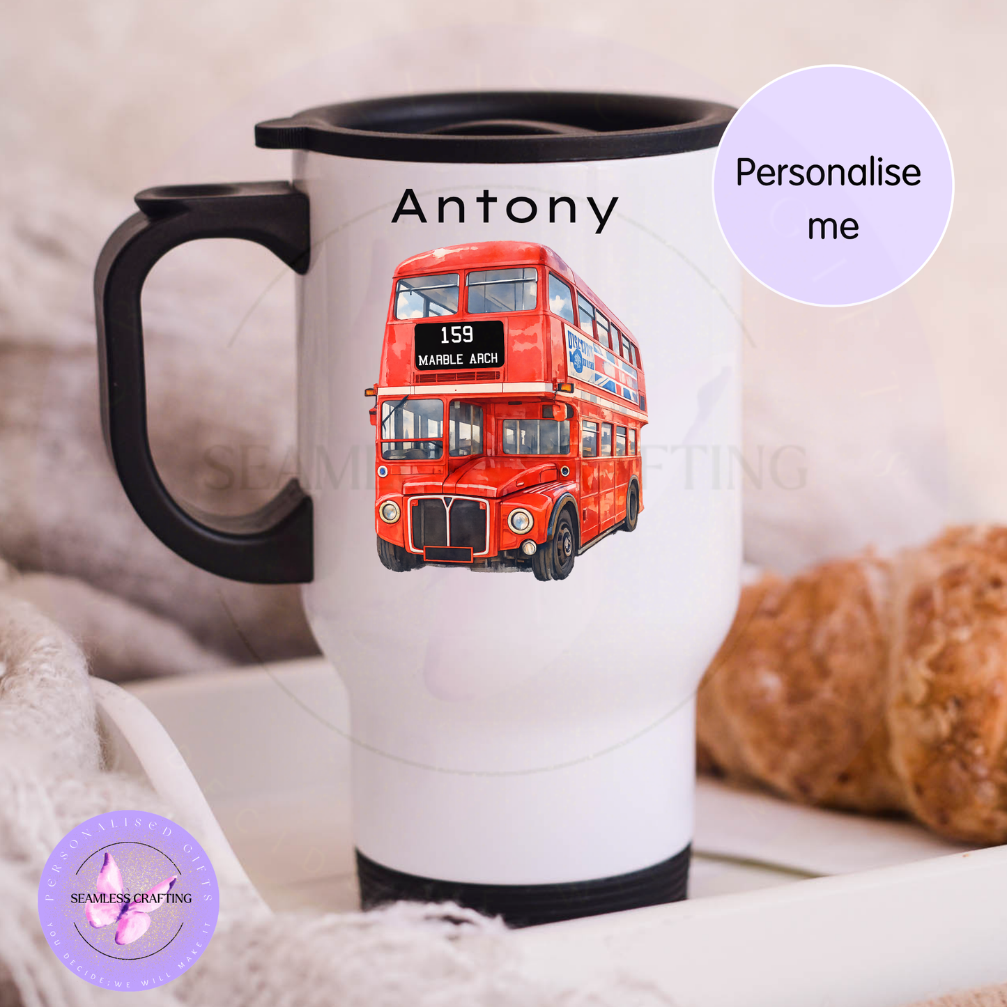 Travel mug with handle personalised bus design UK