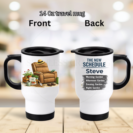 Personalised travel mug retirement gift for men gardening chair design custom name funny schedule garden lover gift