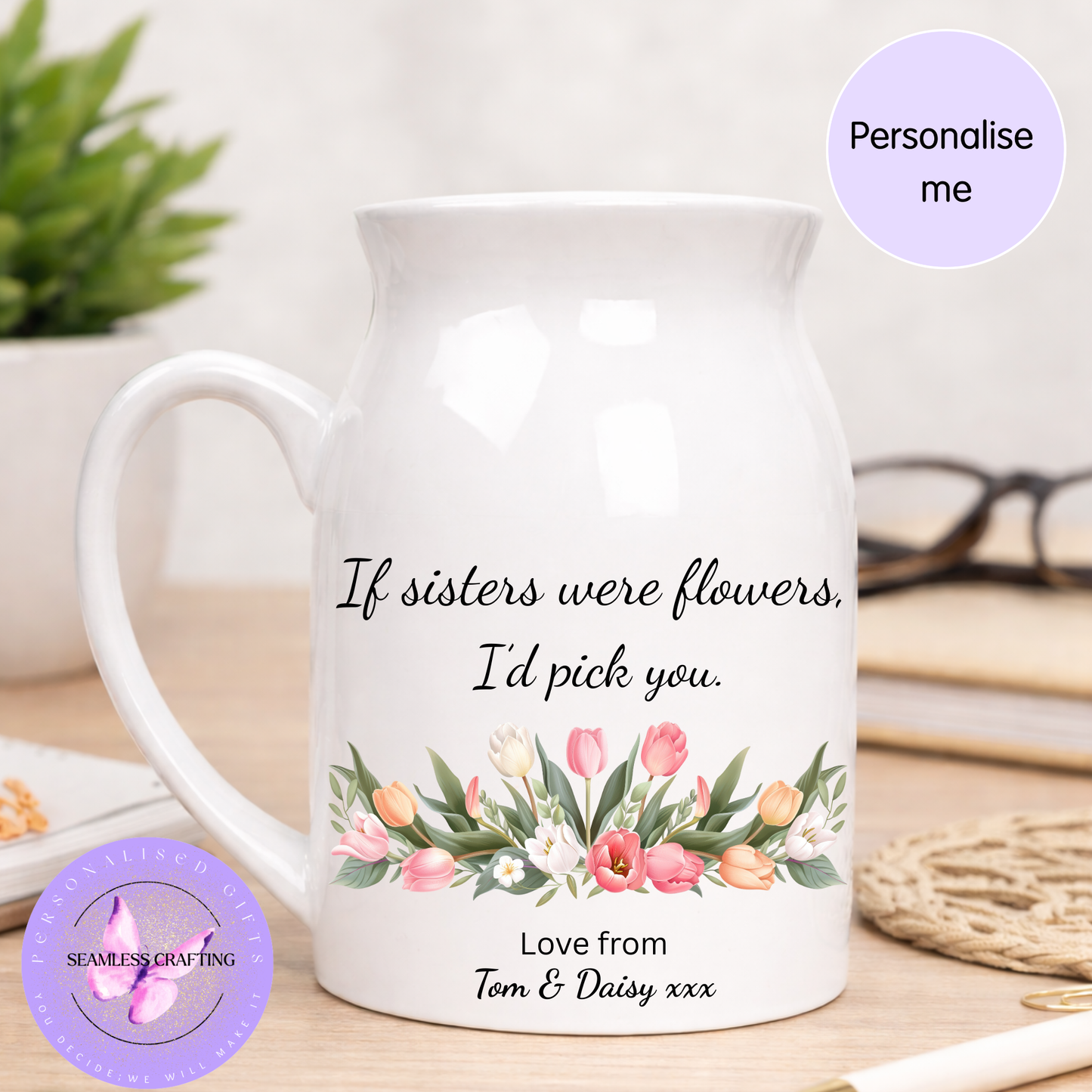Personalised Flower Jug Gift for Mum | Custom Mother’s Day Jug Vase | “If Mums Were Flowers I’d Pick You” | Personalised Ceramic Jug with Names UK