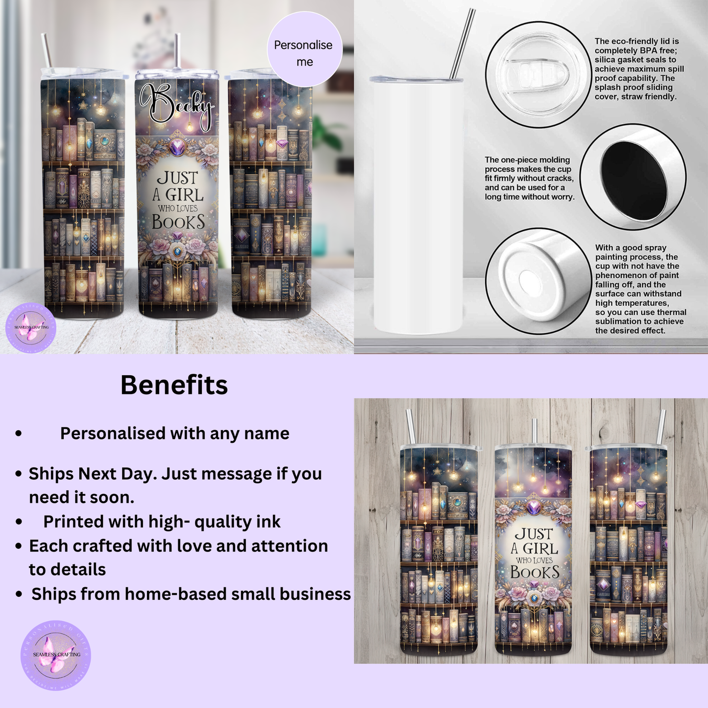 Personalised Book Lover Tumbler 20oz. 15oz – Custom Name Reading Gift | Just a Girl Who Loves Books Travel Cup